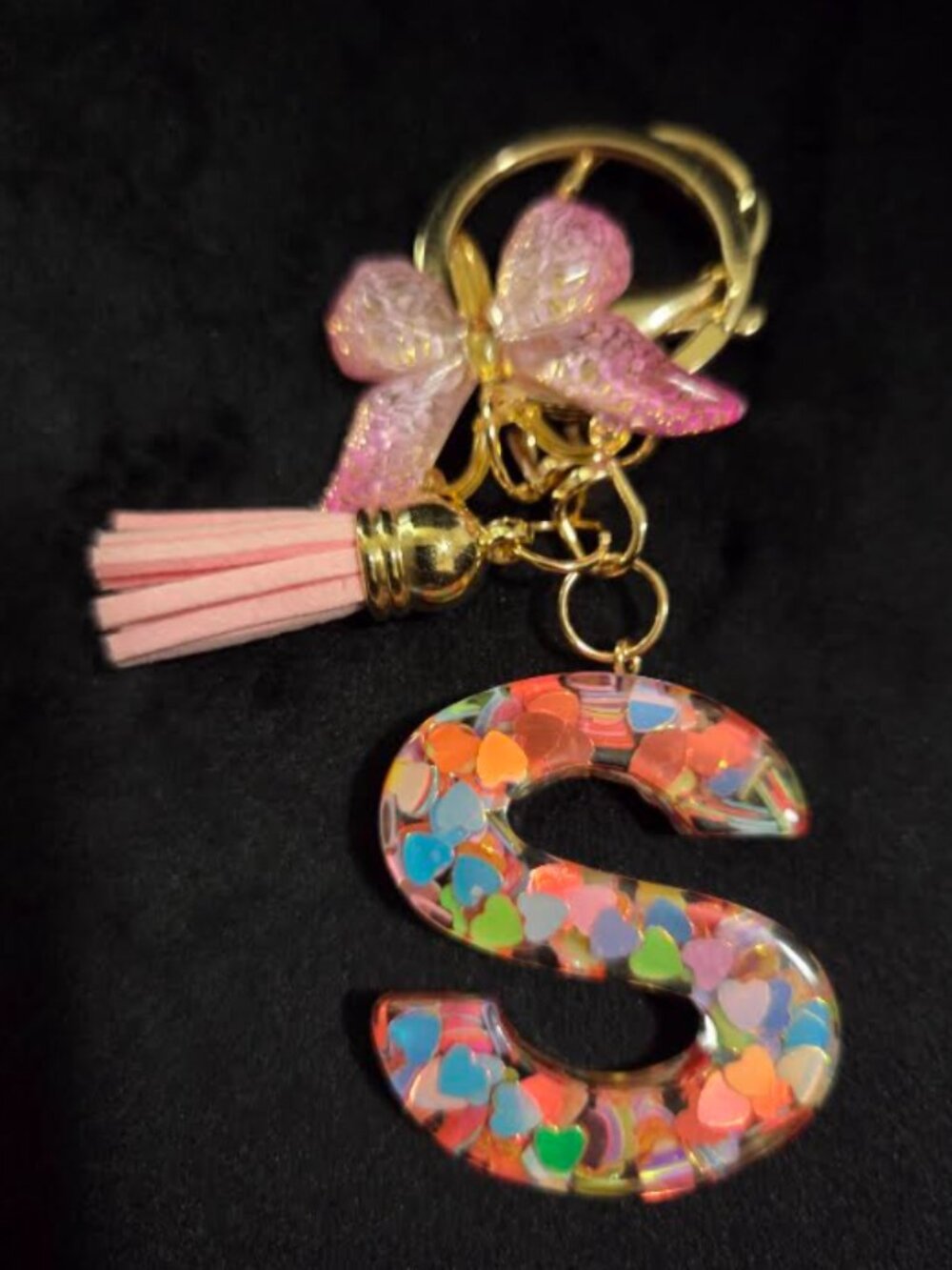 Initial S Keychain Pink Butterfly Tassel Multicolor Confetti Gold Bag Charm Gift